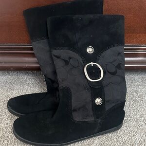 Coach Meyer Black Suede Women's Winter Boots silver hardware pull on